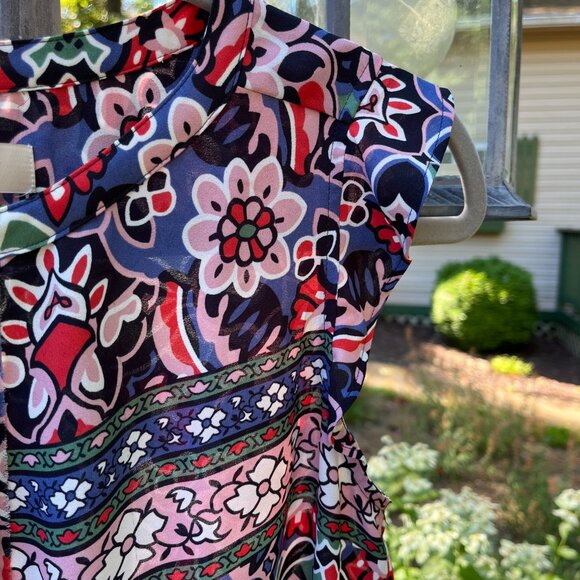 Ann Taylor Loft blue pink white green flowered top. Short ruffled sleeves, S - Picture 3 of 7